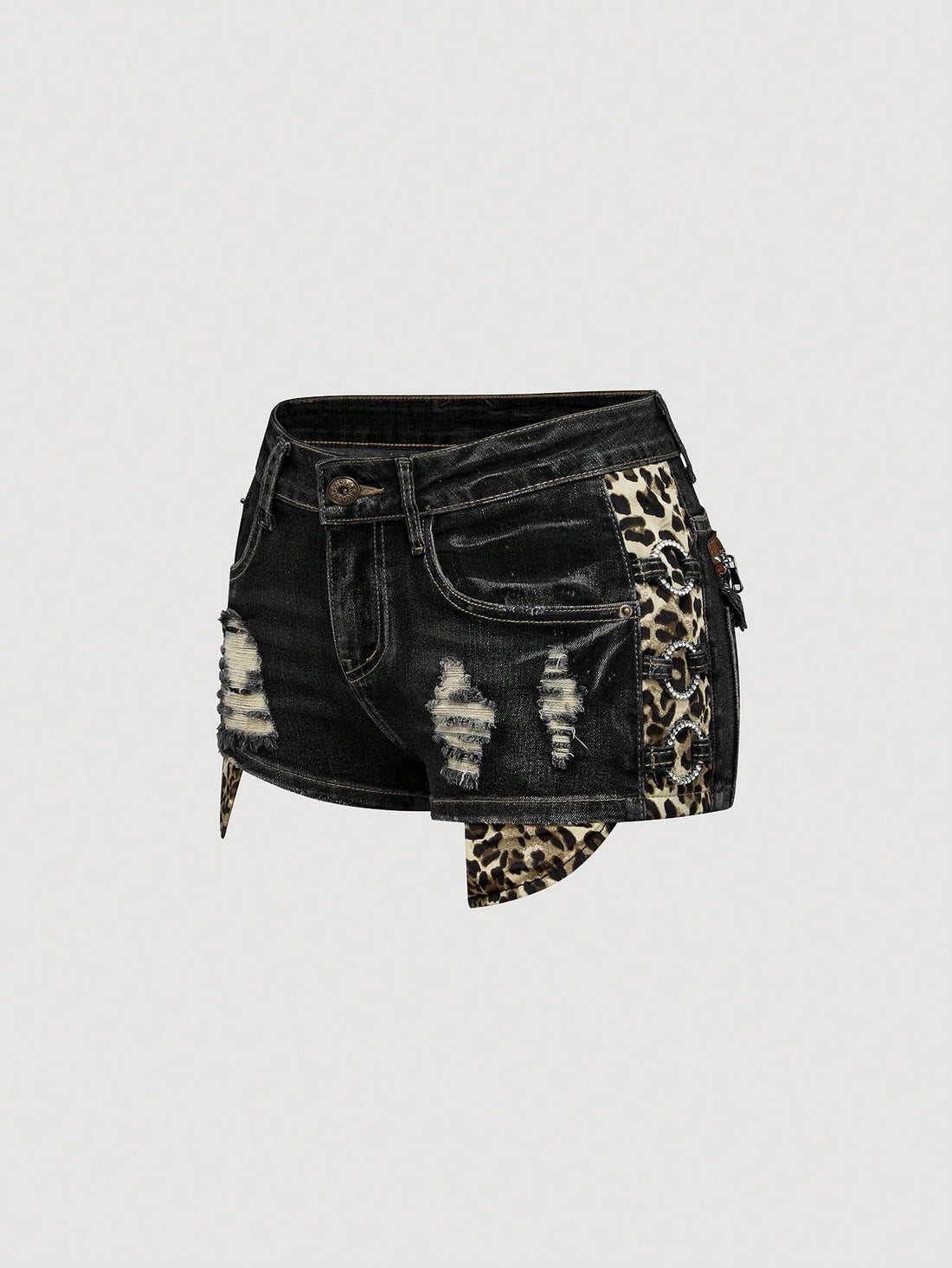 Women's ultra low waist vintage Y2K leopard print skinny mini shorts featuring ripped details, button, and zipper fly.
