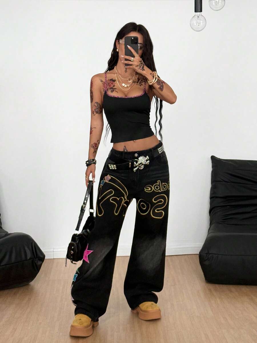 Women's graphic crop cami top with spaghetti straps and rhinestone detailing in soft knitted fabric