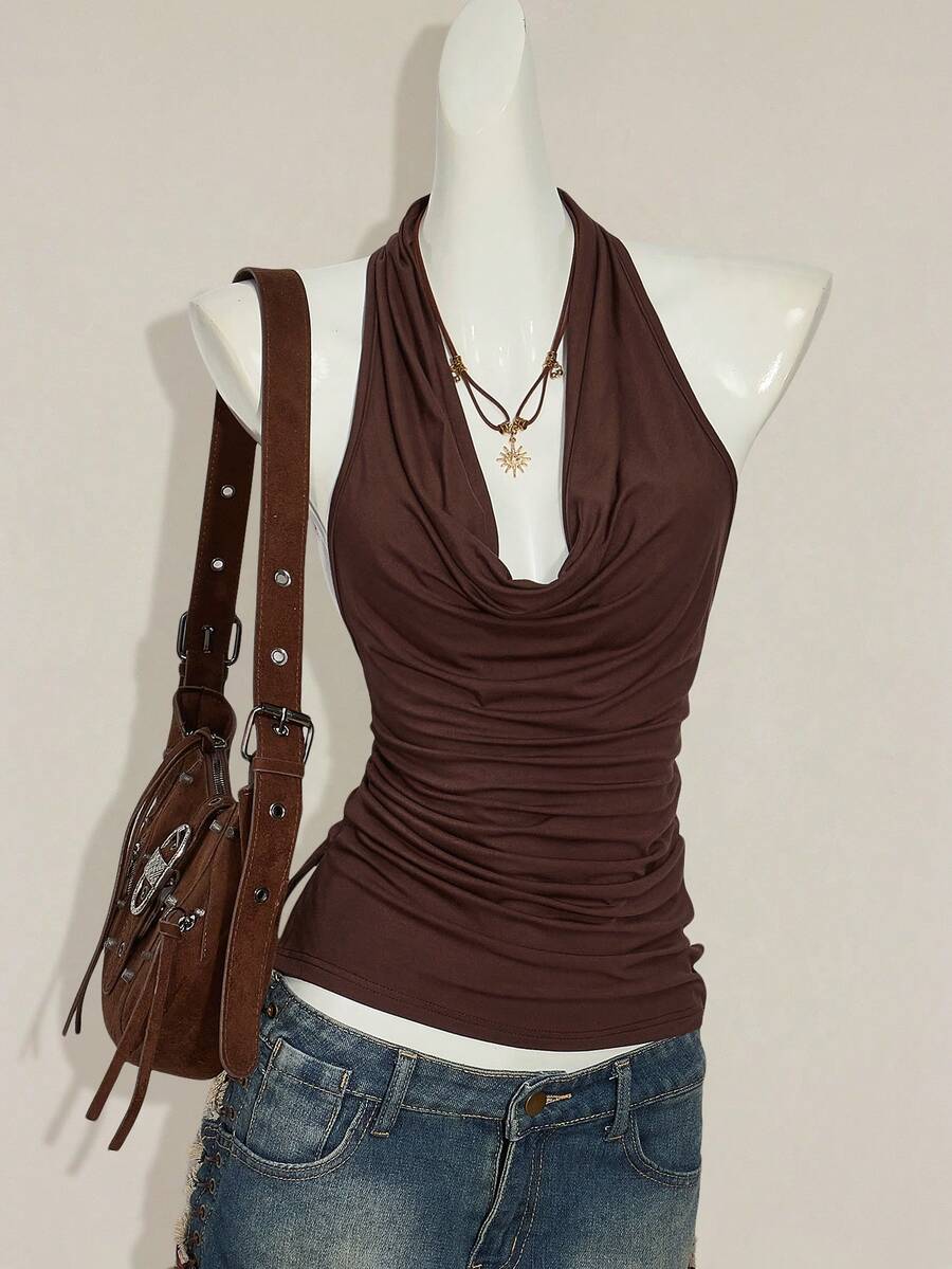 Women's coffee brown backless halter camisole top with draped neckline, ruched details, slim fit, and plain design.