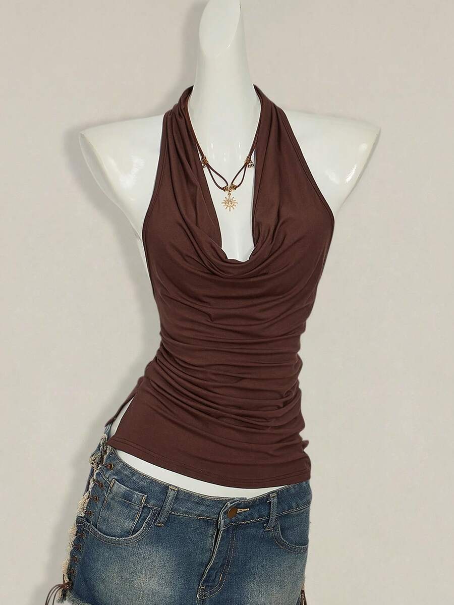 Women's coffee brown backless halter camisole top with draped neckline, ruched details, slim fit, and plain design.