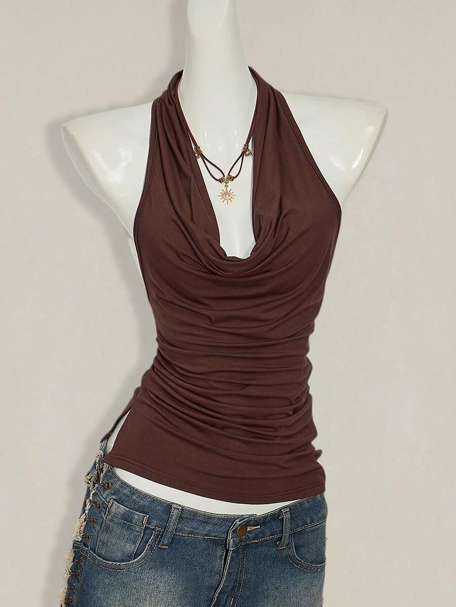 Women's coffee brown backless halter camisole top with draped neckline, ruched details, slim fit, and plain design.