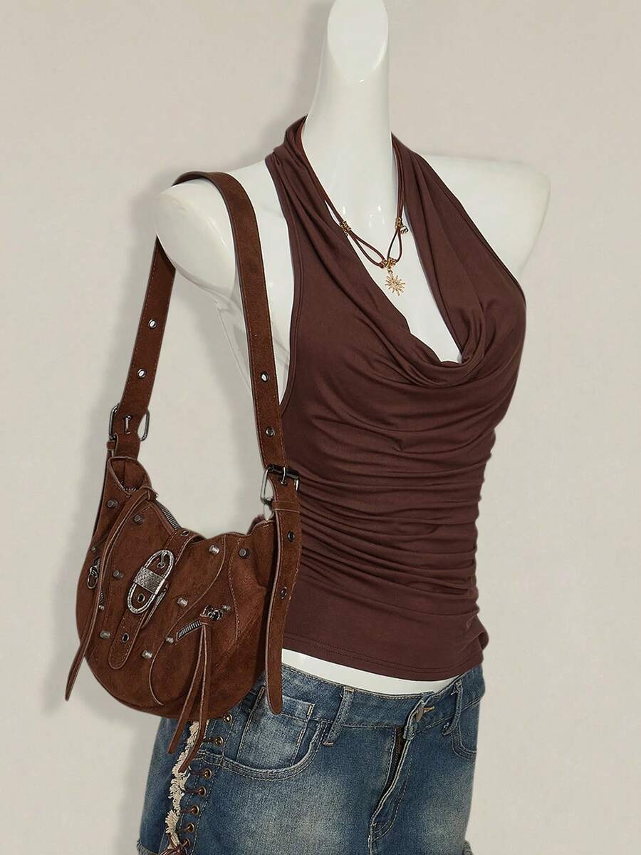 Women's coffee brown backless halter camisole top with draped neckline, ruched details, slim fit, and plain design.