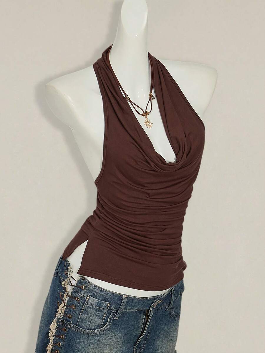 Women's coffee brown backless halter camisole top with draped neckline, ruched details, slim fit, and plain design.