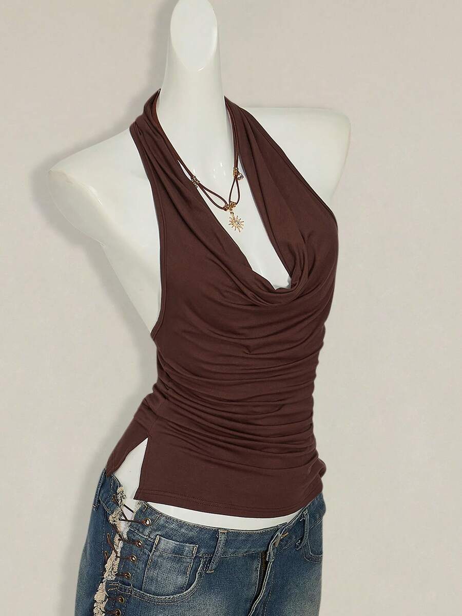 Women's coffee brown backless halter camisole top with draped neckline, ruched details, slim fit, and plain design.