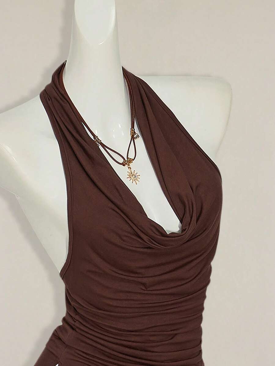 Women's coffee brown backless halter camisole top with draped neckline, ruched details, slim fit, and plain design.