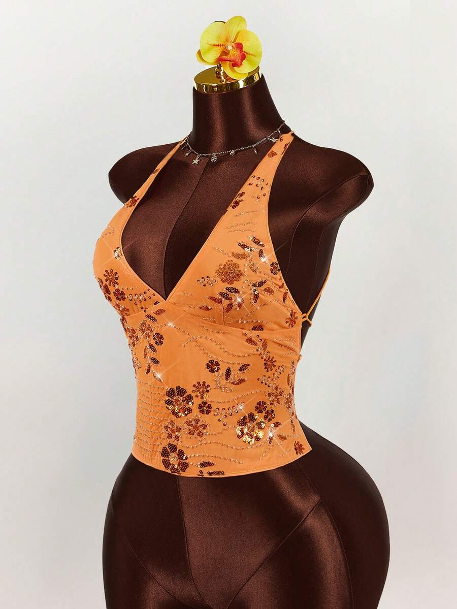 Women's embroidered sequin halter cami top featuring a deep V-neck, backless party design, and slim fit silhouette.