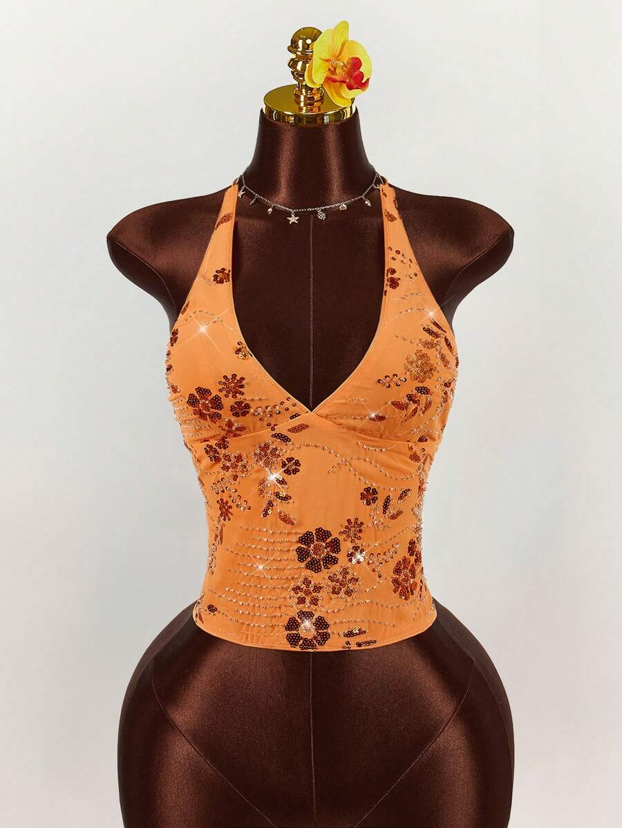 Women's embroidered sequin halter cami top featuring a deep V-neck, backless party design, and slim fit silhouette.