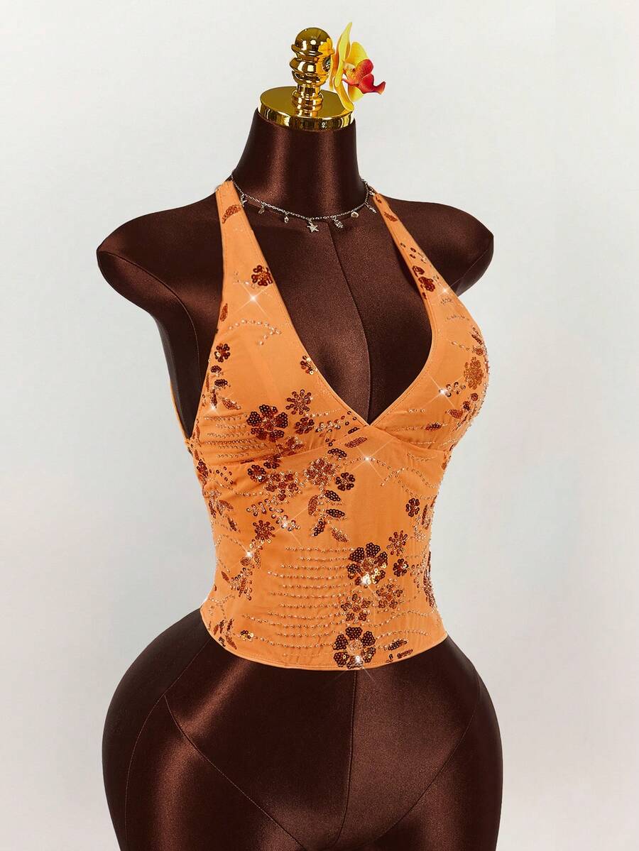 Women's embroidered sequin halter cami top featuring a deep V-neck, backless party design, and slim fit silhouette.