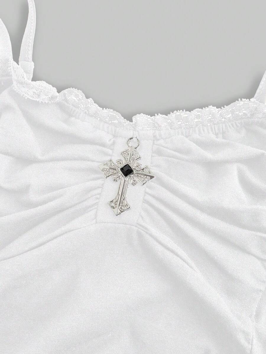 Black gothic spaghetti strap tank top for women featuring contrast lace patchwork, ruched frill details, and a cross pendant accent in a slim fit knitted fabric.