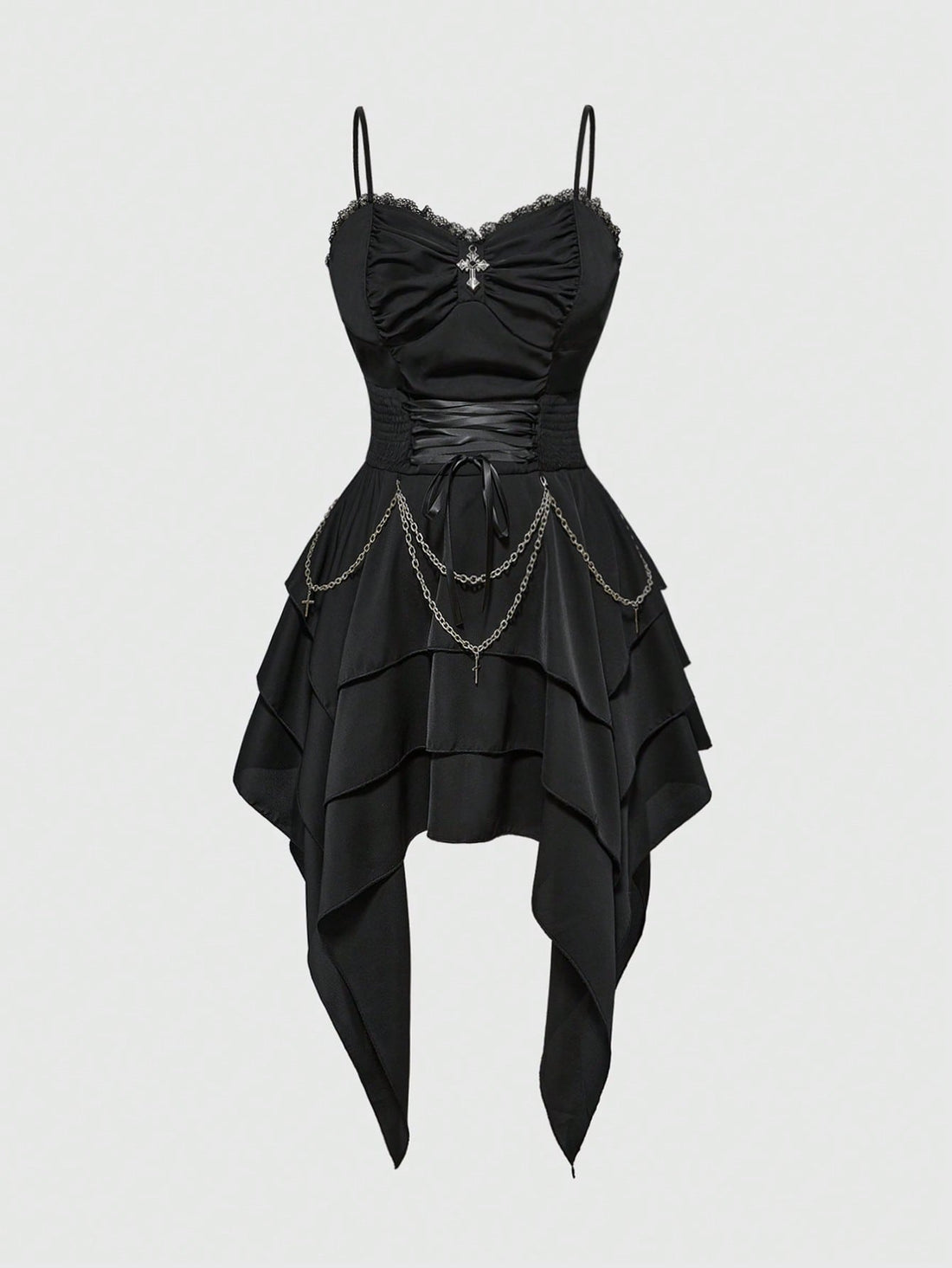 Women's vintage gothic cami dress with high-waist lace-up detail, spaghetti straps, zipper closure, and an asymmetrical knee-length hem.