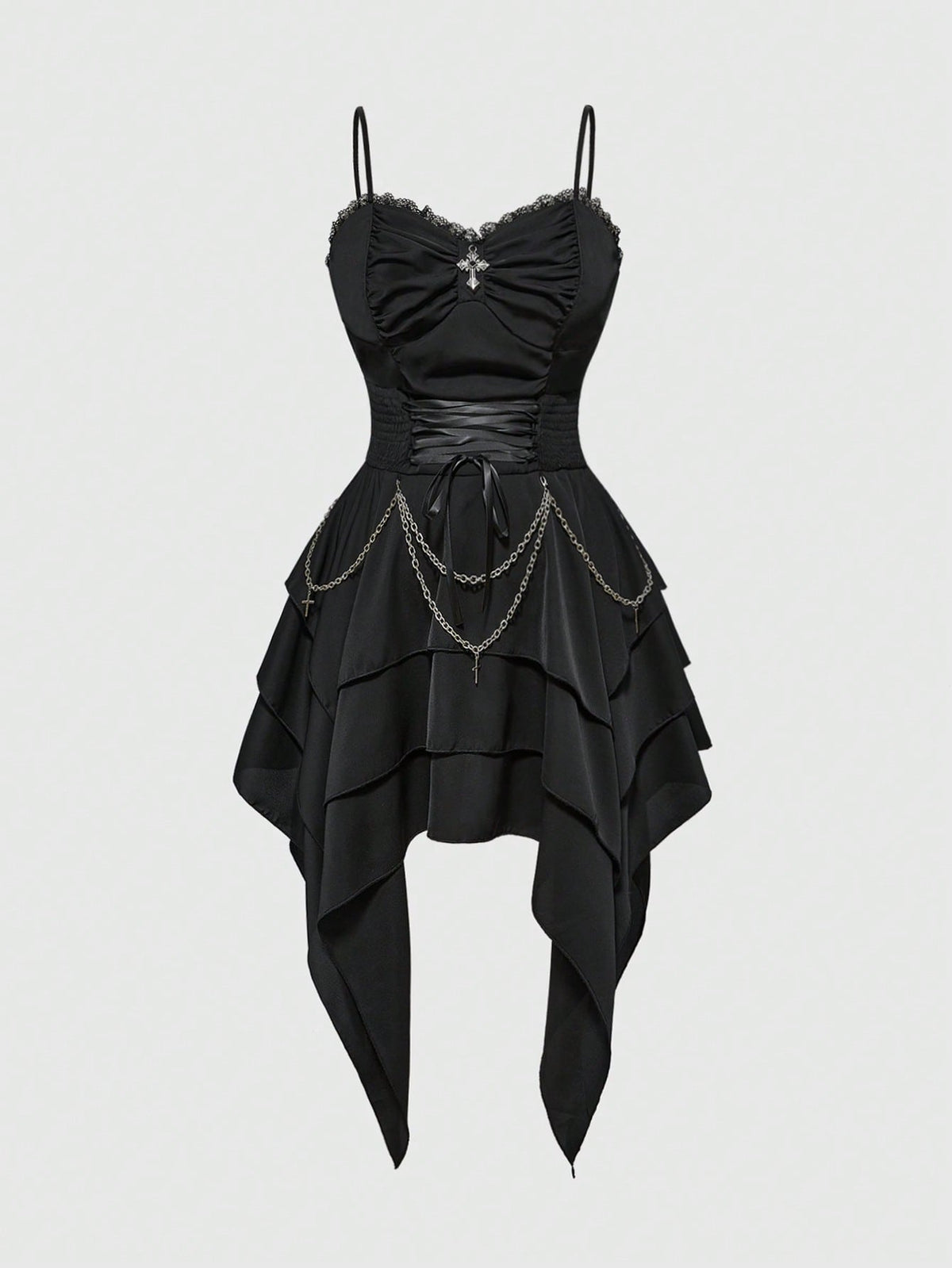Women's vintage gothic cami dress with high-waist lace-up detail, spaghetti straps, zipper closure, and an asymmetrical knee-length hem.