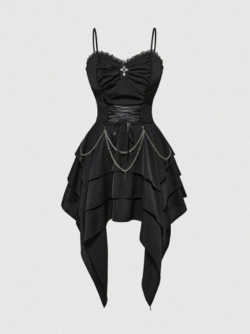 Women's vintage gothic cami dress with high-waist lace-up detail, spaghetti straps, zipper closure, and an asymmetrical knee-length hem.