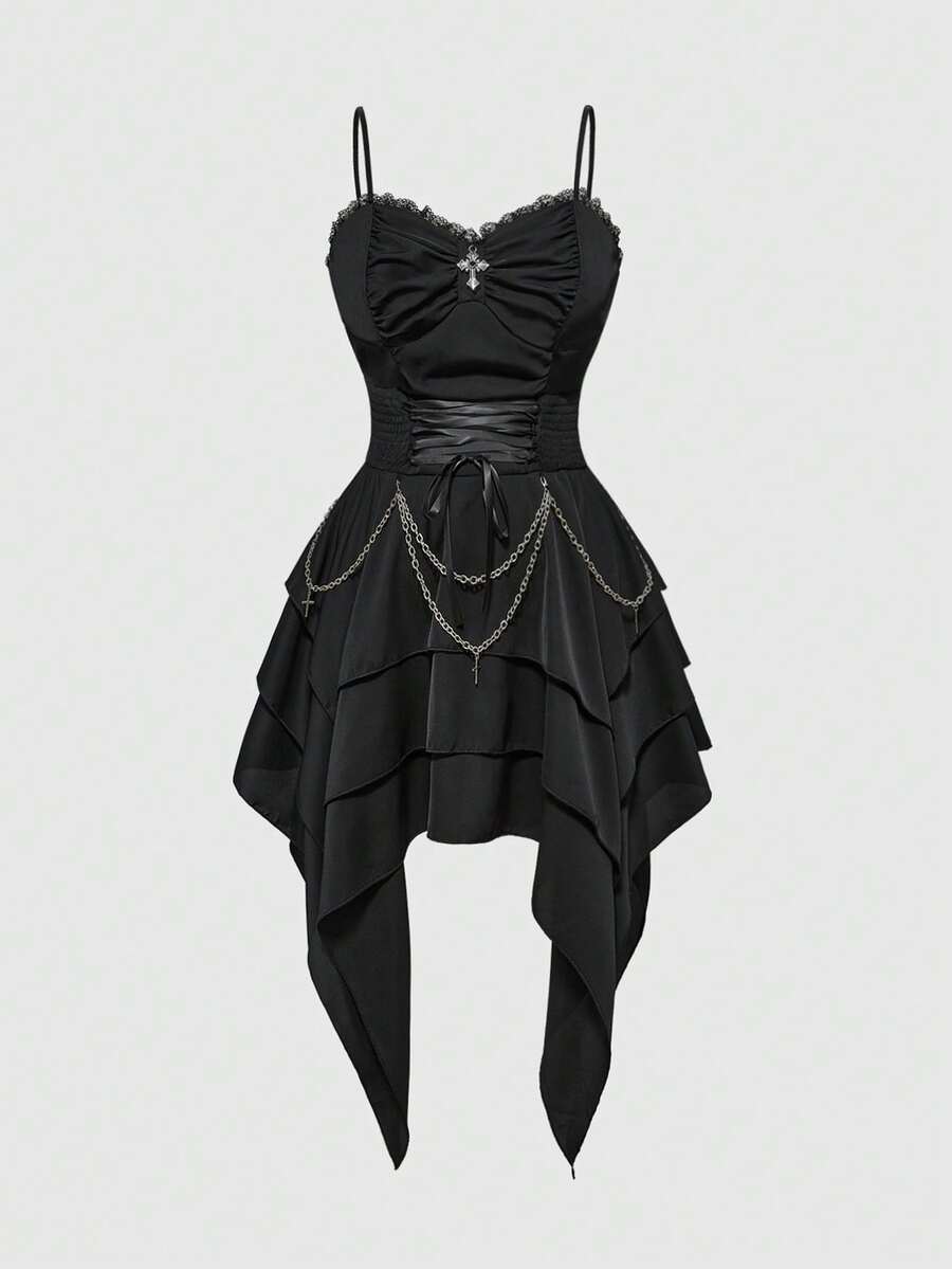 Women's vintage gothic cami dress with high-waist lace-up detail, spaghetti straps, zipper closure, and an asymmetrical knee-length hem.