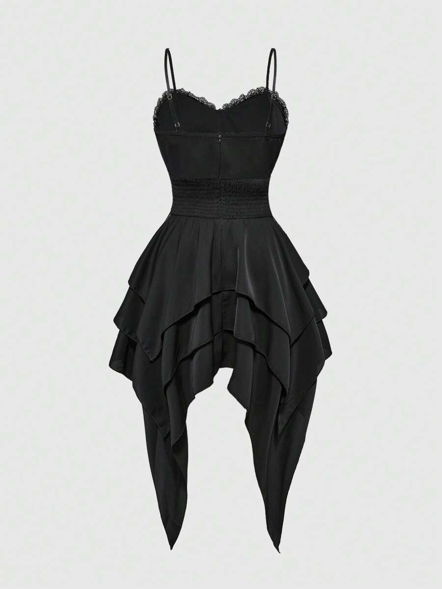 Women's vintage gothic cami dress with high-waist lace-up detail, spaghetti straps, zipper closure, and an asymmetrical knee-length hem.