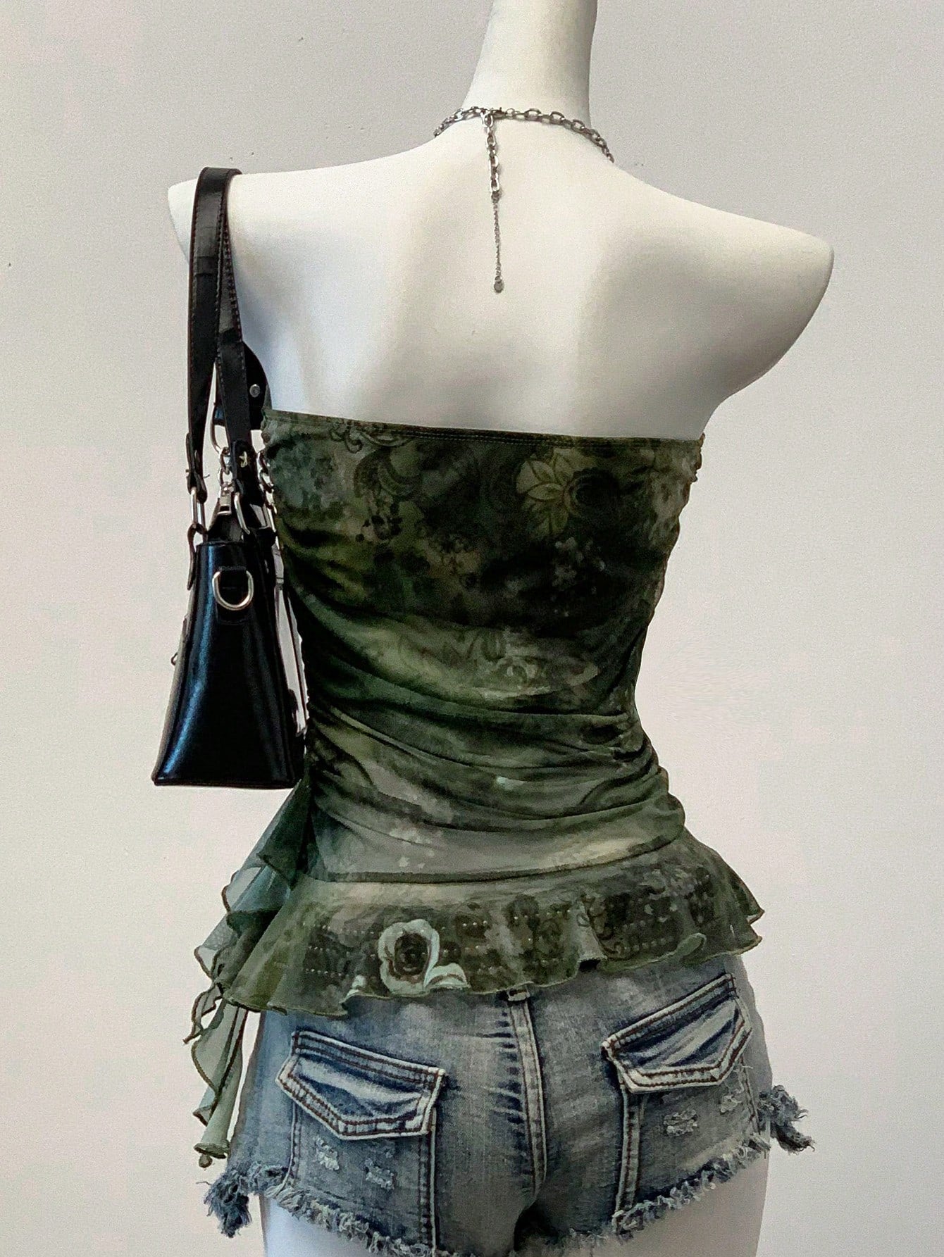 Women's Y2K floral printed mesh bandeau tube top with strapless neckline, ruched detail, ruffle hem, slim fit, and lined body