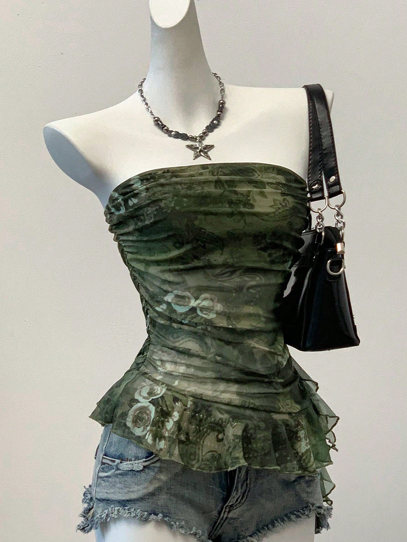 Women's Y2K floral printed mesh bandeau tube top with strapless neckline, ruched detail, ruffle hem, slim fit, and lined body