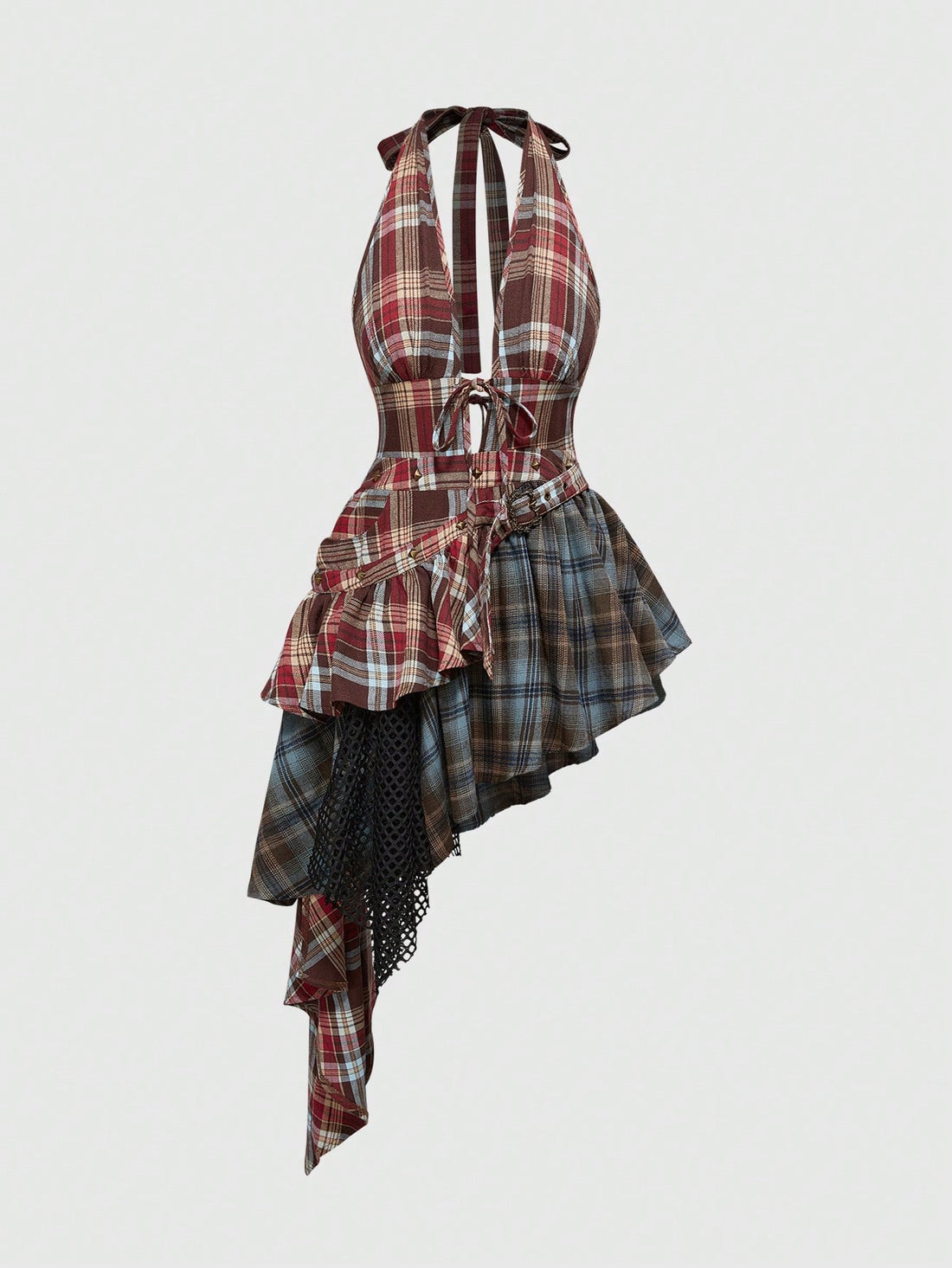 Women’s brown plaid halter mini dress with tie-front knot detail, backless design, sleeveless cut, slim A-line fit, and asymmetrical hem.