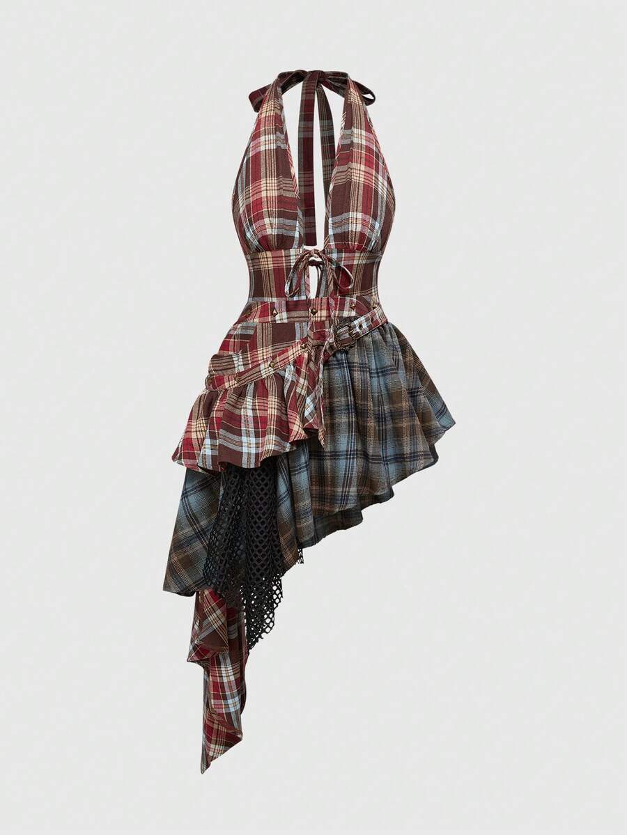 Women’s brown plaid halter mini dress with tie-front knot detail, backless design, sleeveless cut, slim A-line fit, and asymmetrical hem.