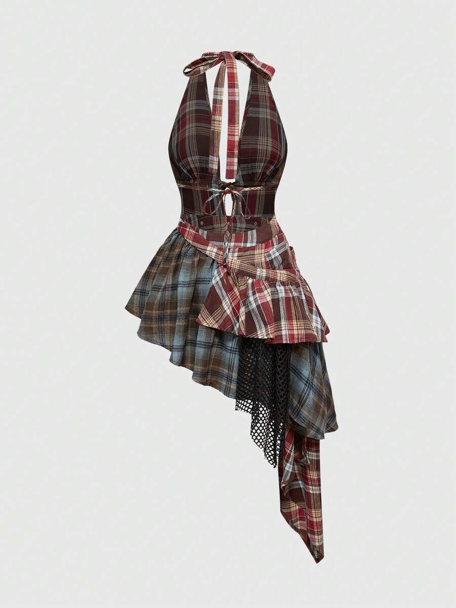 Women’s brown plaid halter mini dress with tie-front knot detail, backless design, sleeveless cut, slim A-line fit, and asymmetrical hem.