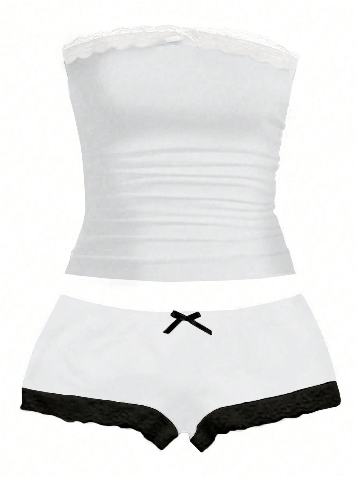 Women's contrast lace strapless camisole and shorts two-piece outfit with ruffle detail and slim fit styling