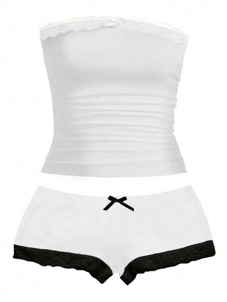 Women's contrast lace strapless camisole and shorts two-piece outfit with ruffle detail and slim fit styling