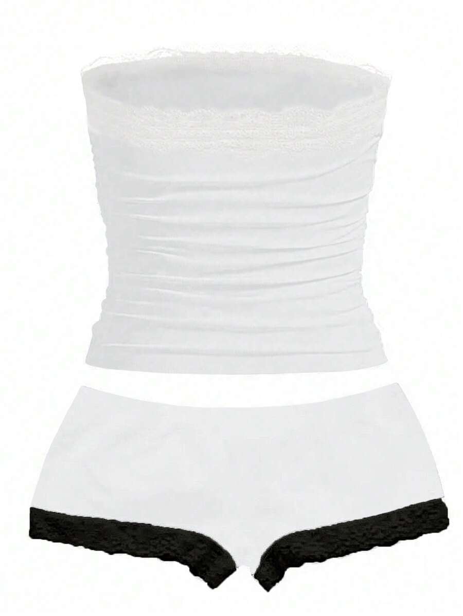Women's contrast lace strapless camisole and shorts two-piece outfit with ruffle detail and slim fit styling