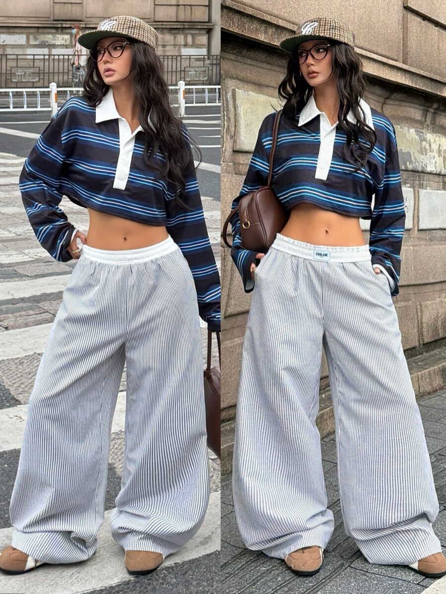 Women's striped straight leg casual trousers with elastic mid waist and side pockets