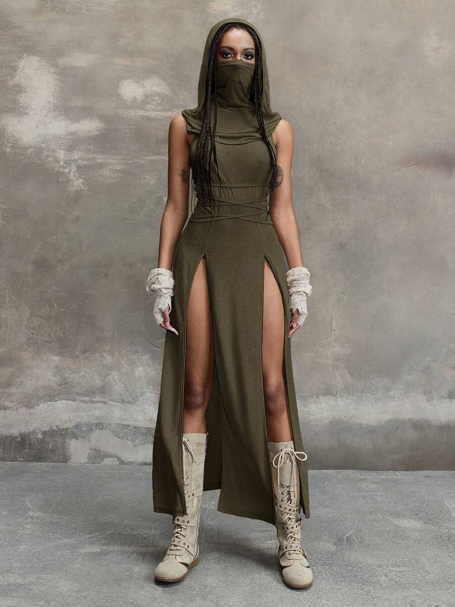 Women's sleeveless hooded maxi dress featuring a plunging neckline, backless design, and high thigh split in a lightweight knit fabric.