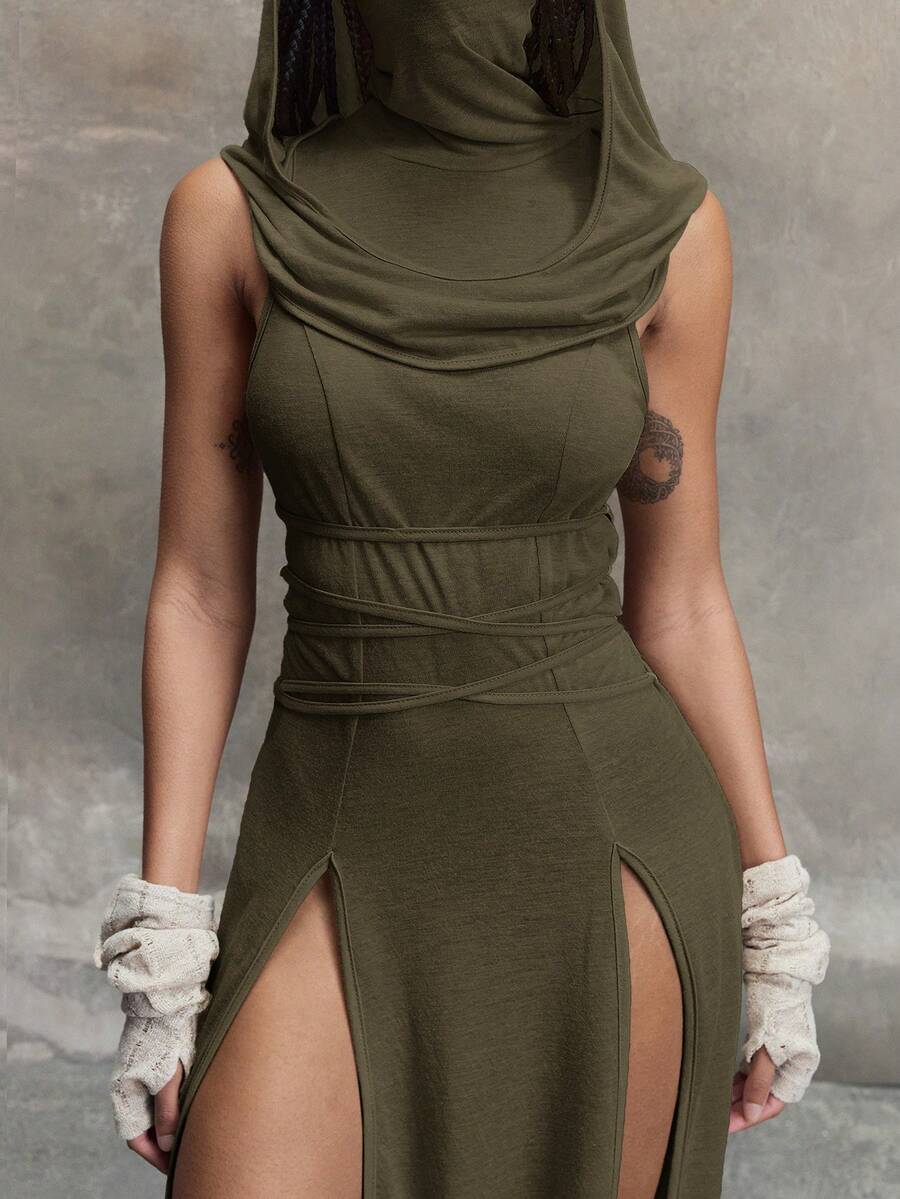 Women's sleeveless hooded maxi dress featuring a plunging neckline, backless design, and high thigh split in a lightweight knit fabric.