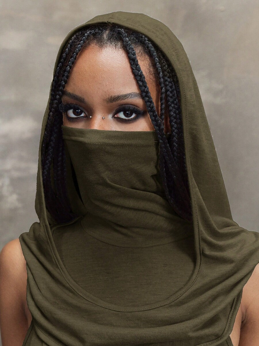 Women's sleeveless hooded maxi dress featuring a plunging neckline, backless design, and high thigh split in a lightweight knit fabric.