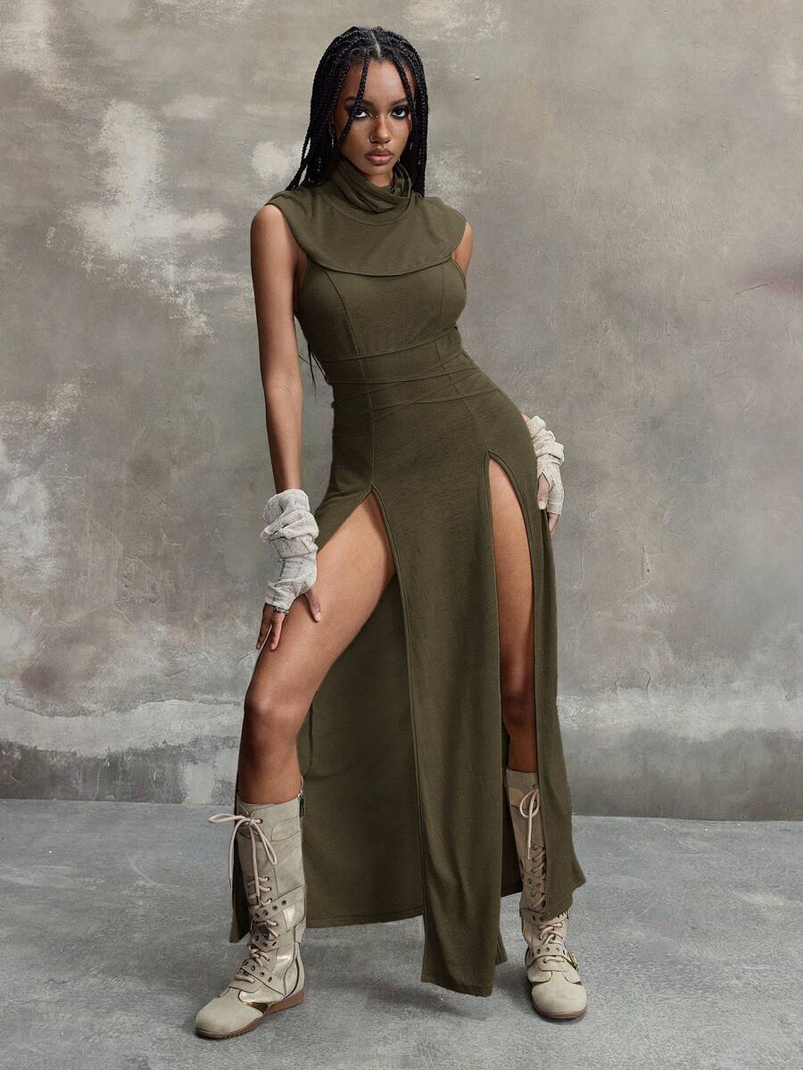 Women's sleeveless hooded maxi dress featuring a plunging neckline, backless design, and high thigh split in a lightweight knit fabric.