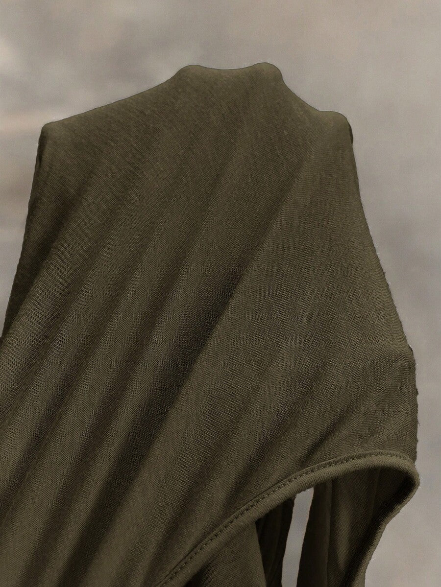 Women's sleeveless hooded maxi dress featuring a plunging neckline, backless design, and high thigh split in a lightweight knit fabric.