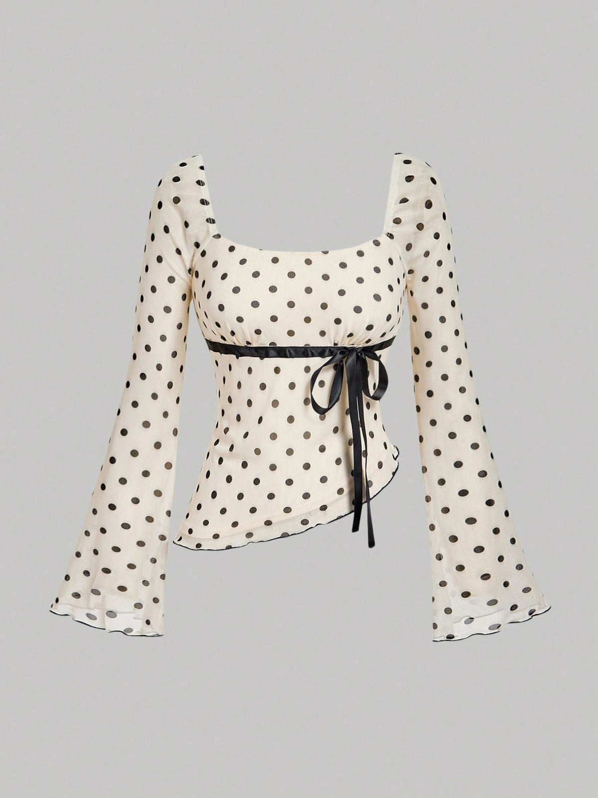 Women's polka dot mesh T-shirt with long flare sleeves, square neckline, bow detail, and asymmetric ruffle hem.