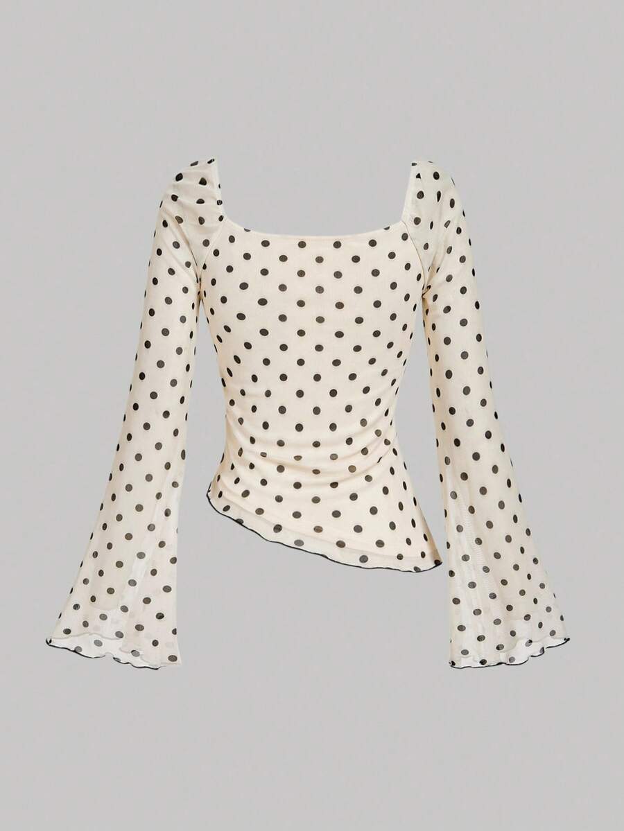 Women's polka dot mesh T-shirt with long flare sleeves, square neckline, bow detail, and asymmetric ruffle hem.