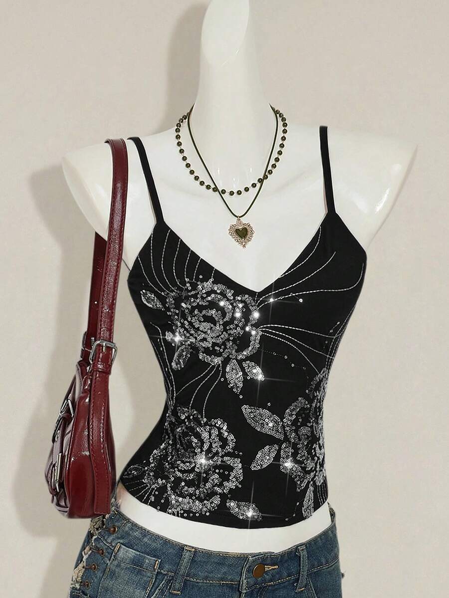 Women's floral embroidered sequin camisole top with thin spaghetti straps and a slim fit design.