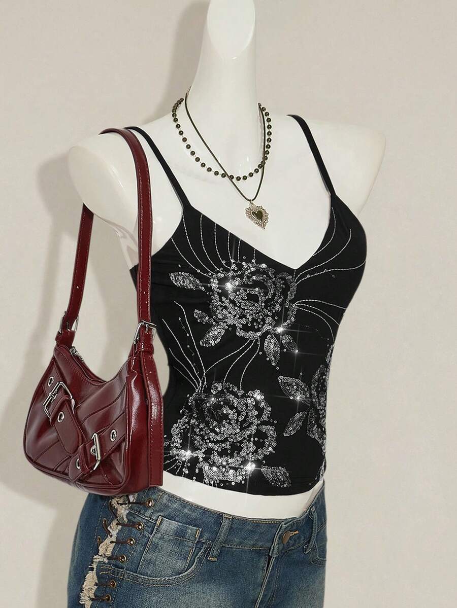 Women's floral embroidered sequin camisole top with thin spaghetti straps and a slim fit design.