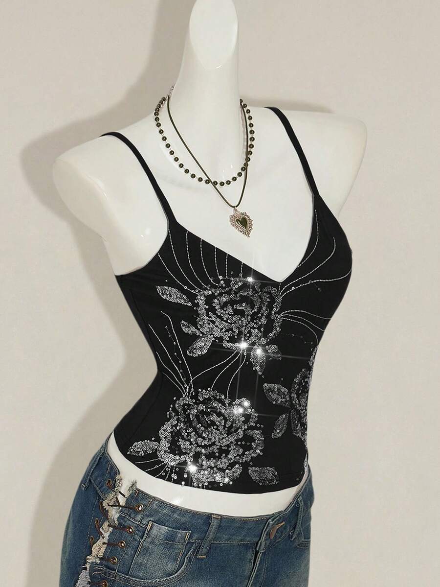 Women's floral embroidered sequin camisole top with thin spaghetti straps and a slim fit design.