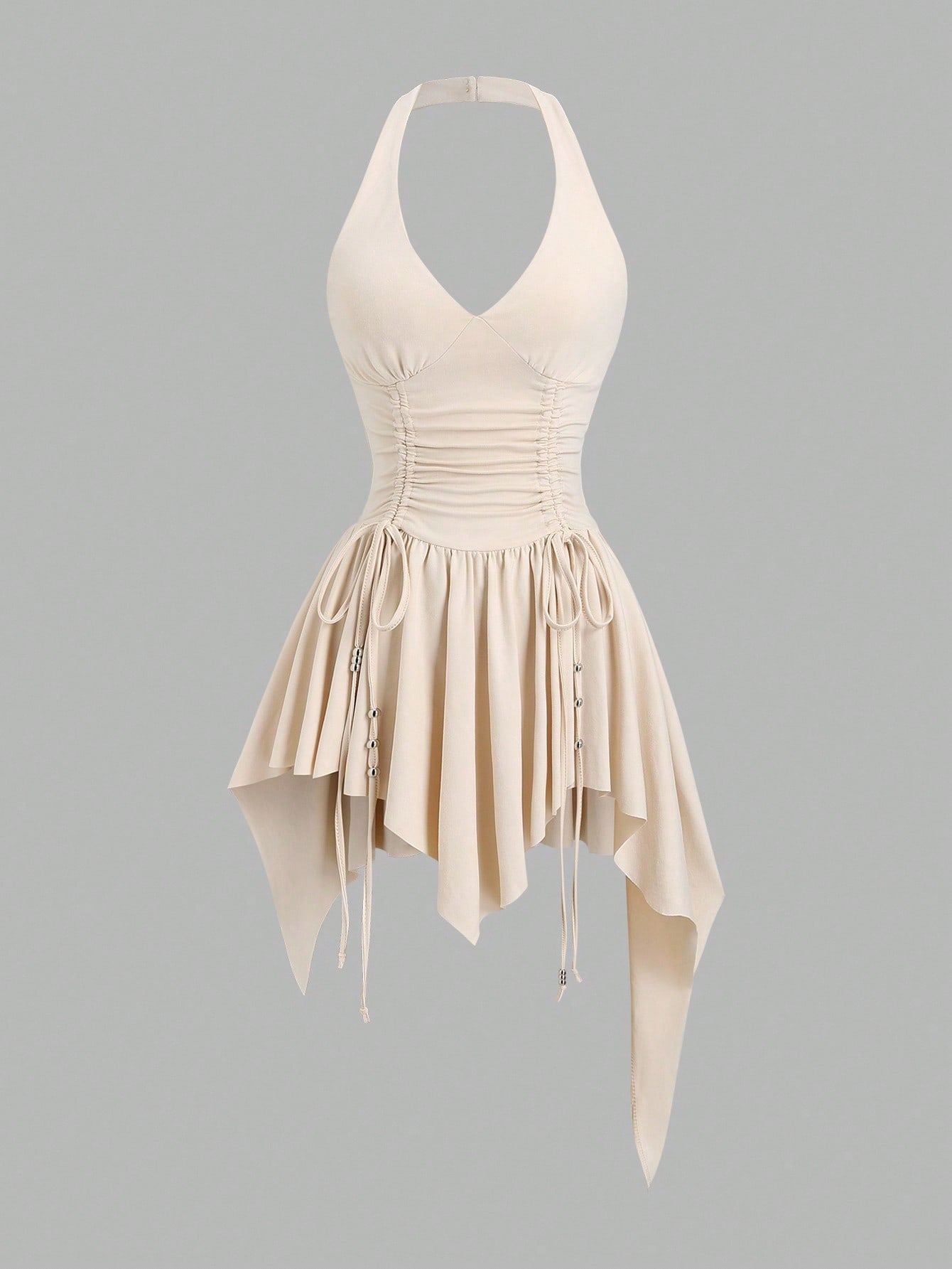 Women's sleeveless halter short dress with a backless design, ruched drawstring detail, slim fit, and asymmetrical hem.