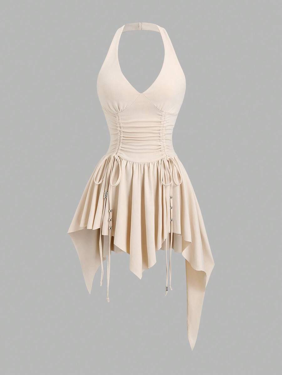 Women's sleeveless halter short dress with a backless design, ruched drawstring detail, slim fit, and asymmetrical hem.
