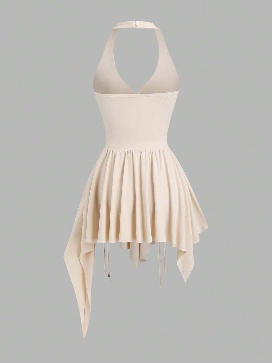 Women's sleeveless halter short dress with a backless design, ruched drawstring detail, slim fit, and asymmetrical hem.