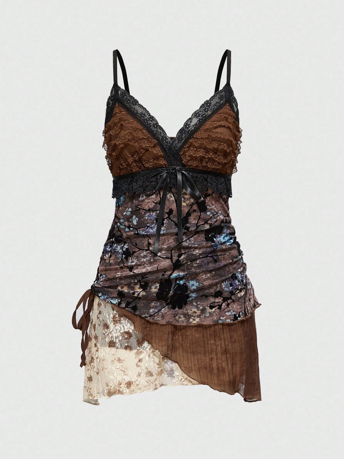 Women's multicolor sleeveless mini cami dress with spaghetti straps, ruched drawstring knot details, slim fit, and asymmetrical hem.