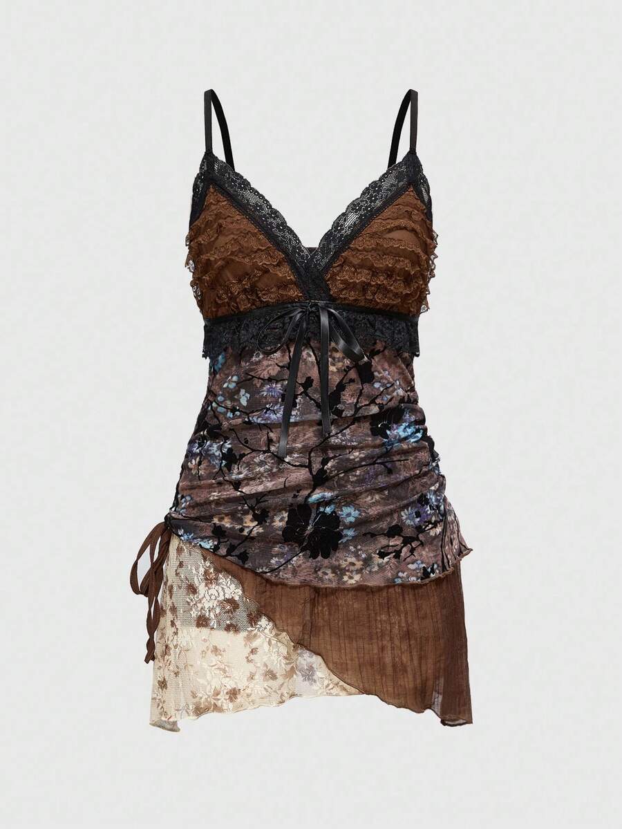 Women's multicolor sleeveless mini cami dress with spaghetti straps, ruched drawstring knot details, slim fit, and asymmetrical hem.