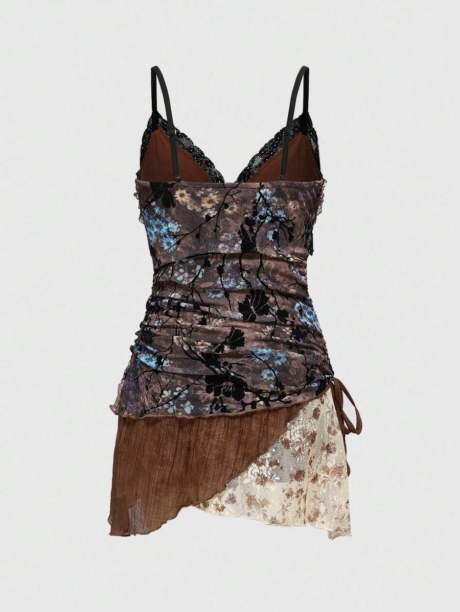 Women's multicolor sleeveless mini cami dress with spaghetti straps, ruched drawstring knot details, slim fit, and asymmetrical hem.