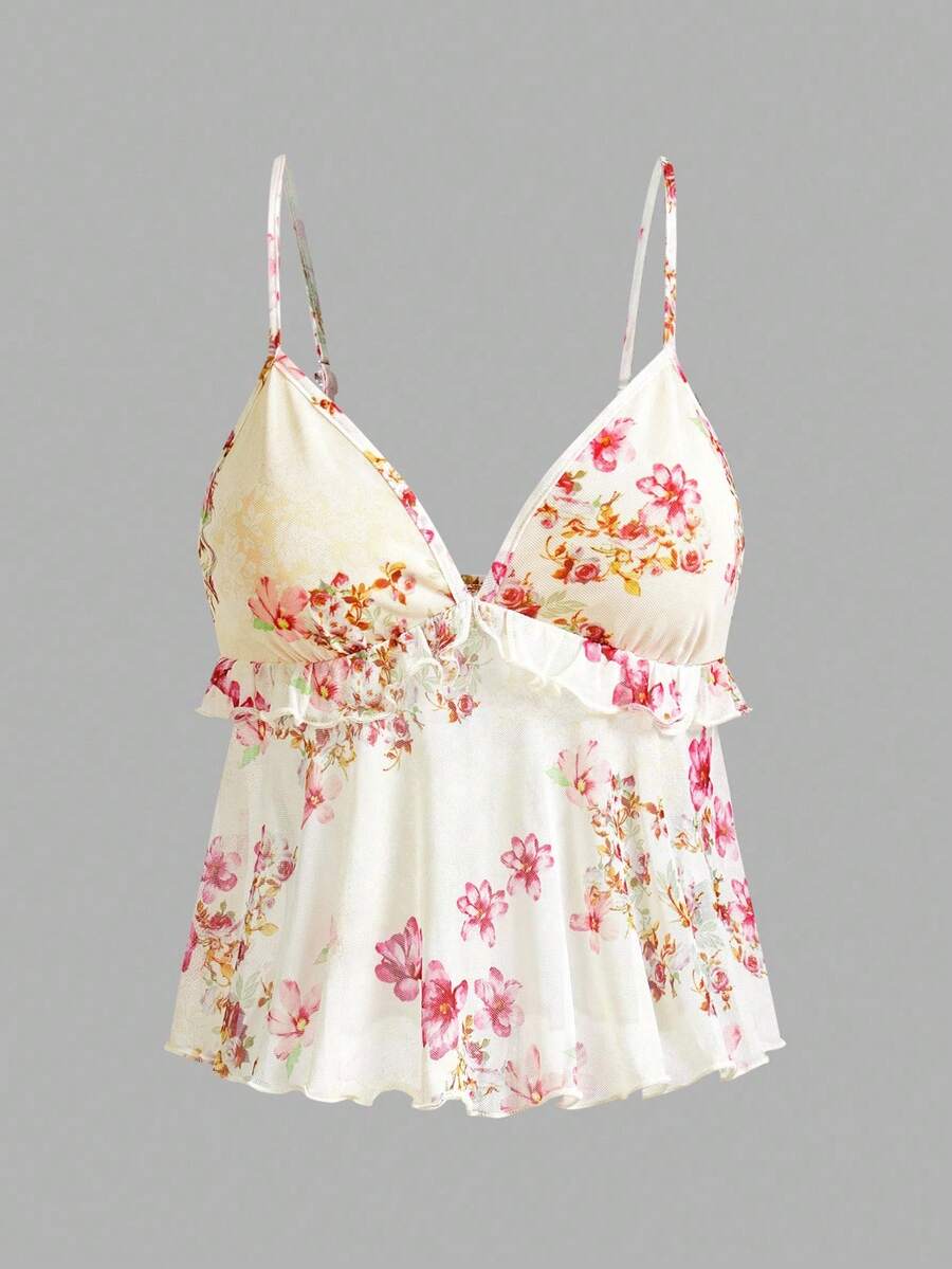 Floral multicolor mesh spaghetti strap cami tank top with backless design, ruffle hem, lettuce trim, and flared long loose fit.