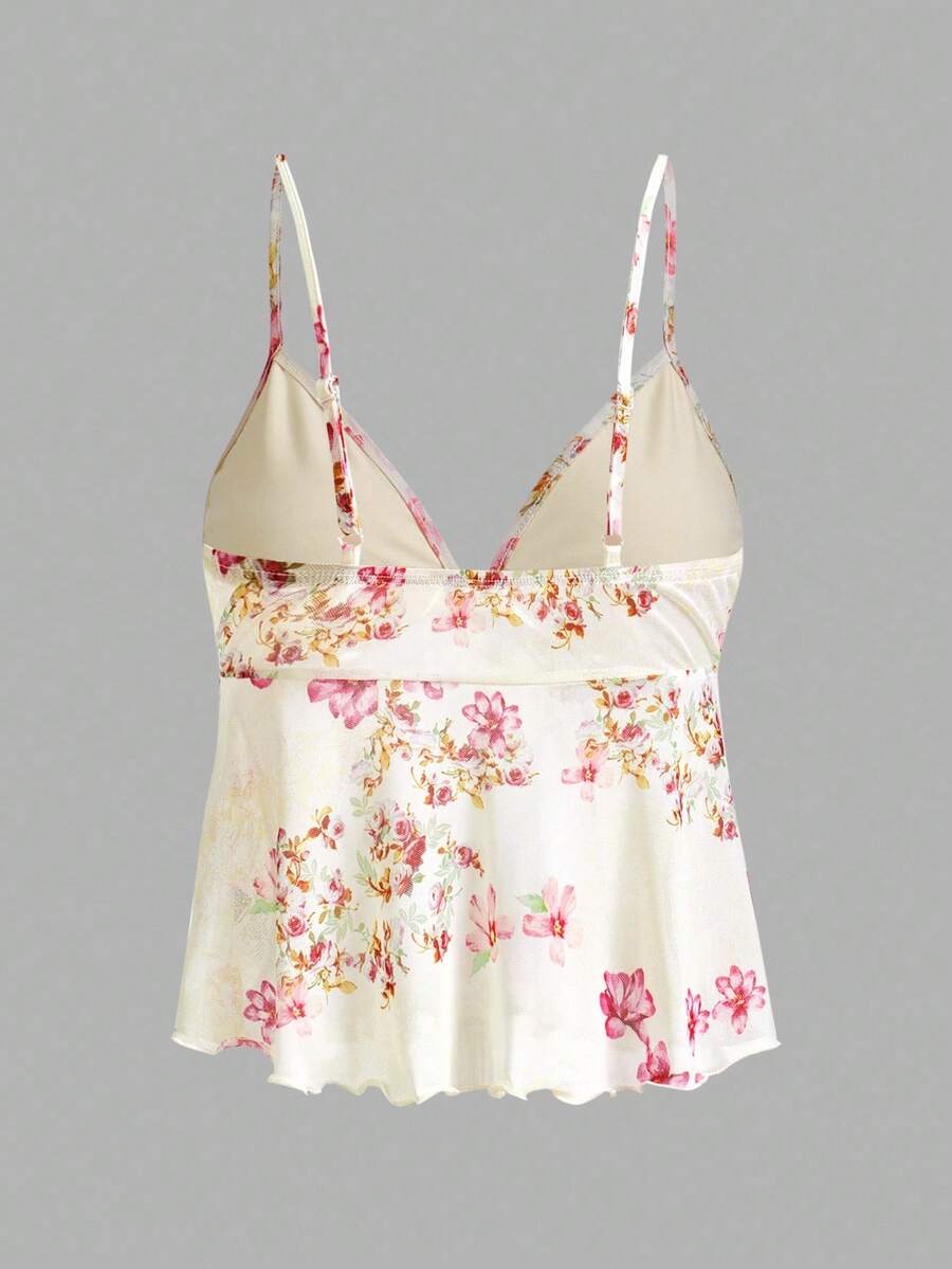 Floral multicolor mesh spaghetti strap cami tank top with backless design, ruffle hem, lettuce trim, and flared long loose fit.