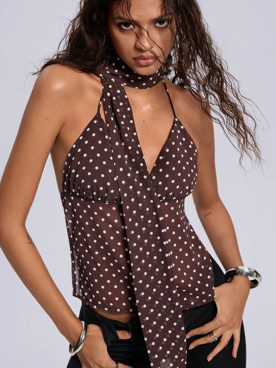 Women's coffee brown halter camisole top with polka dot-inspired geometric print, backless design, asymmetrical knot detail, and loose fit