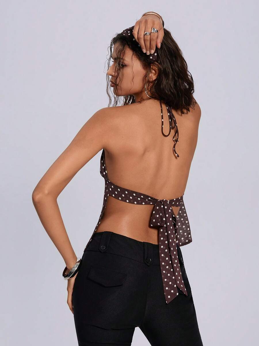 Women's coffee brown halter camisole top with polka dot-inspired geometric print, backless design, asymmetrical knot detail, and loose fit