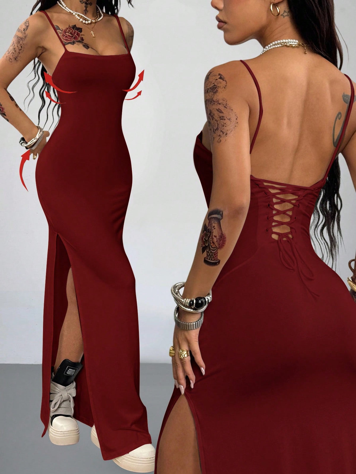 Women's backless cami midi dress in dark grey knit fabric featuring spaghetti straps, lace-up back design, and a split thigh slit.