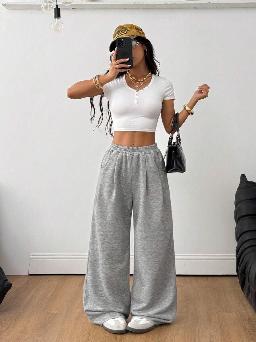 Women's loose straight leg casual pants with drawstring elastic waist and pockets