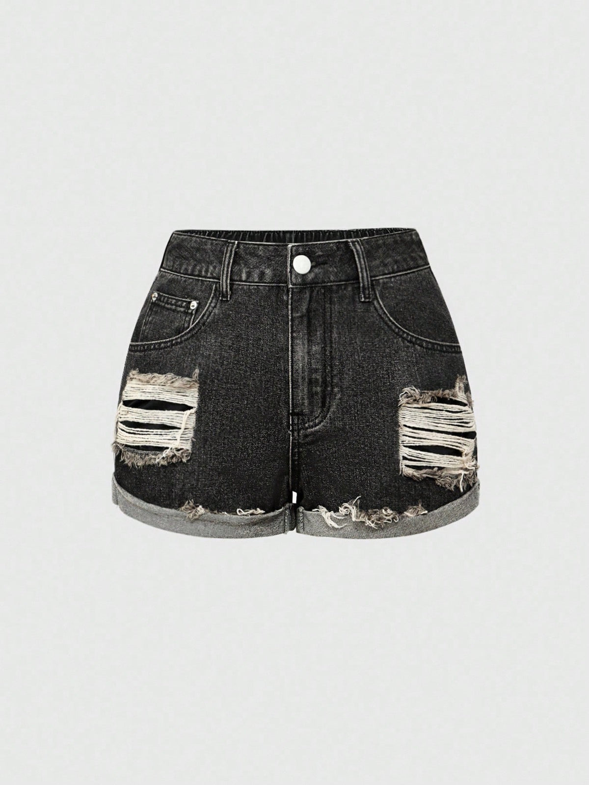 Front view of women's ripped denim shorts featuring raw hem, zipper fly, and pockets